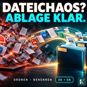 May include: A digital graphic showing a laptop screen emitting a chaotic swirl of documents and file icons that are being organized into a neat row of glowing blue folders. The text reads DATEICHAOS? ABLAGE KLAR. ORDNER BENENNEN DE + EN.