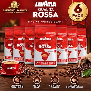 Può includere: Una confezione da sei sacchetti di caffè in grani Lavazza Qualità Rossa, ciascuno da 1kg. I sacchetti rossi presentano testo bianco, un grafico di una tazzina rossa e un'intensità di 5/10. Una tazzina di caffè rossa e chicchi sono in primo piano.