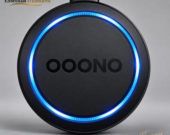 Puede incluir: Un dispositivo Ooono negro de forma circular con acabado mate y un logotipo central prominente. Un anillo de luz LED azul brillante rodea el perímetro interior del dispositivo, creando un contraste visual marcado sobre la superficie oscura.