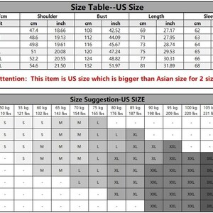 A size chart for a hoodie, displaying measurements in both US and Asian sizes for shoulder, bust, length, and sleeve, followed by a weight and height suggestion chart.