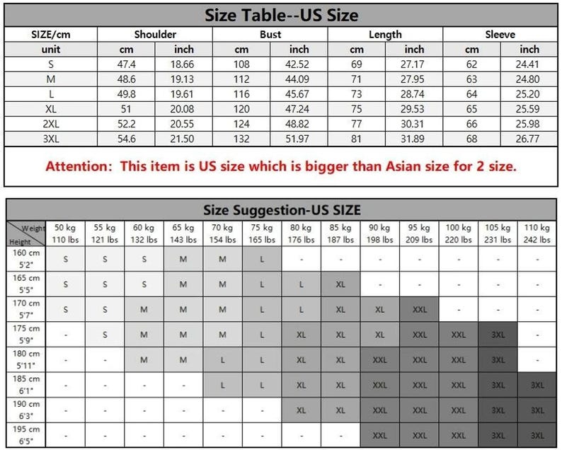 A size chart for a hoodie, displaying measurements in both US and Asian sizes for shoulder, bust, length, and sleeve, followed by a weight and height suggestion chart.