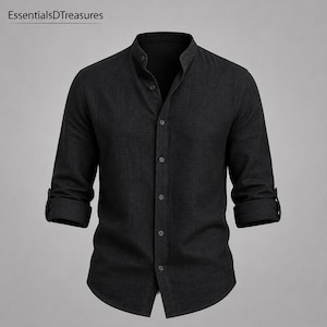Camicia Henley da uomo leggera in cotone e lino, a maniche lunghe con bottoni.