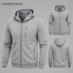 Three views of a light gray zip-up hoodie with bright green accents on the zippers and drawstring, showing the front, back, and a side angle.