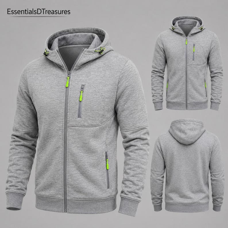 Three views of a light gray zip-up hoodie with bright green accents on the zippers and drawstring, showing the front, back, and a side angle.