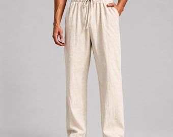 Pantalones de hombre de lino y algodón con cordón ajustable / Pantalones de playa ligeros de pierna recta