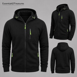 Three views of a black zip-up hoodie with bright green accents on the zippers and drawstring, showing the front, back, and a side angle.