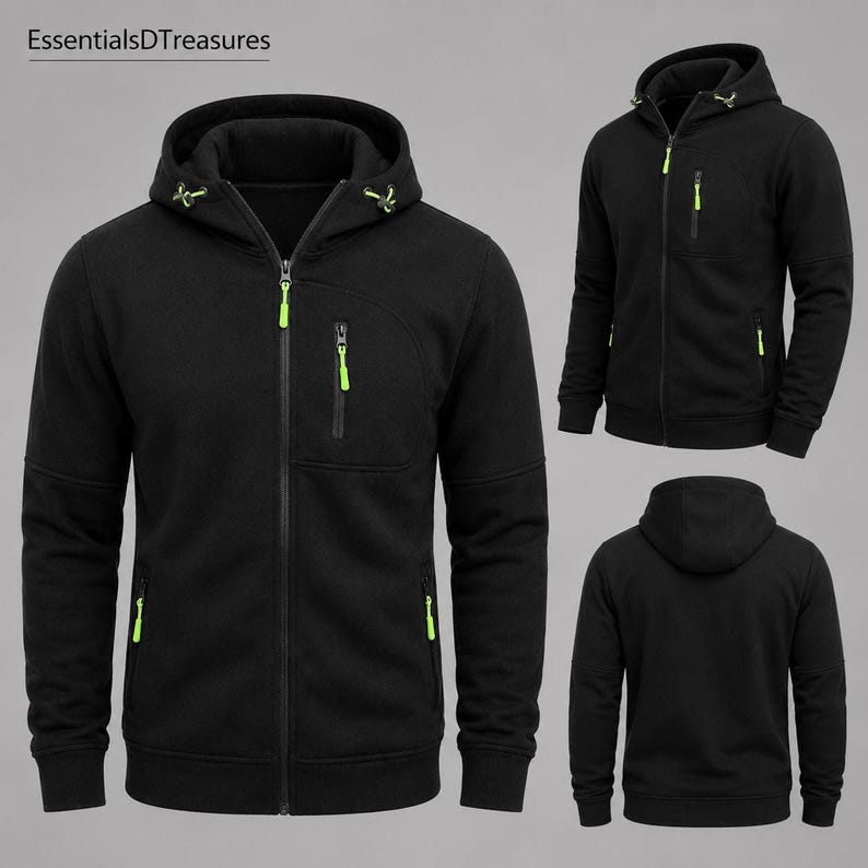 Three views of a black zip-up hoodie with bright green accents on the zippers and drawstring, showing the front, back, and a side angle.