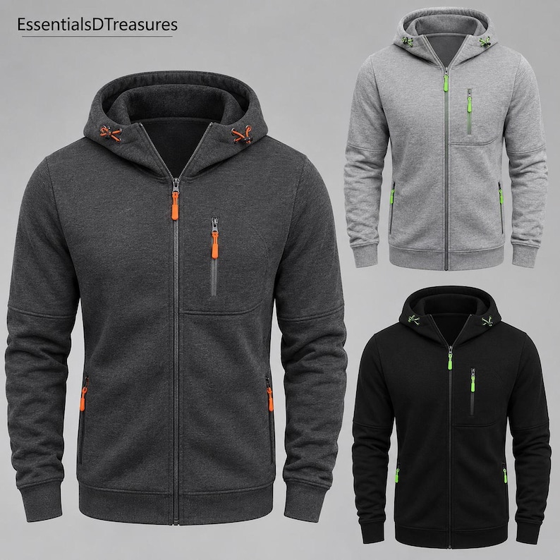 Three zip-up hoodies are displayed: a dark gray one with orange accents, a light gray one with green accents, and a black one with green accents.