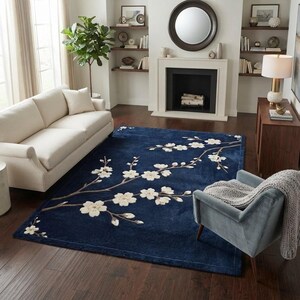 Tappeto blu navy con fiori di ciliegio, tappeto in lana fatto a mano, tappeto floreale giapponese Sakura, tappeto botanico per soggiorno, tappeto passatoia personalizzato