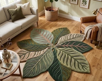 May include: A large, circular area rug shaped like a flower with overlapping leaves in various shades of green, olive, and beige. The rug features a textured, tufted surface with detailed vein patterns radiating from the center of each leaf petal.