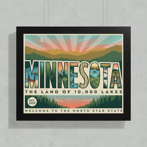 Minnesota Digital Print Wall Art Vintage Travel Poster Retro State Art North Star State Map Mn Home Decor Gift Instant Download Printable