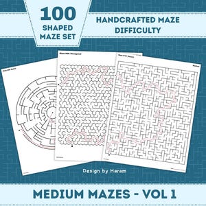 May include: A set of 100 printed maze activity sheets featuring various shapes and difficulty levels. The pages display black line art mazes on white paper with some paths highlighted in red. Text includes 100 SHAPED MAZE SET, HANDCRAFTED MAZE DIFFICULTY, Design by Haram, and MEDIUM MAZES - VOL 1.