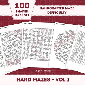 以下が含まれることがあります： 「Hard Mazes - Vol 1」と題された100種類のハンドメイド迷路パズルセット。円形、正方形、ジグザグ、六角形などの様々な形状のデザインが特徴です。白い紙に黒い線で描かれた複雑な迷路が印刷されており、一部のルートは赤色で強調されています。