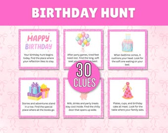 Birthday Treasure Hunt for Girls, 30 Indoor Scavenger Hunt Clues, Printable Kids Party Game