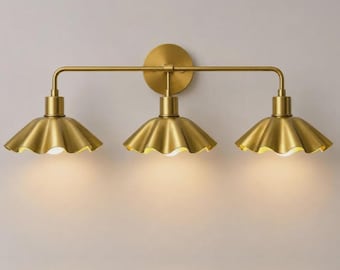 M A 3-Light Brass Vanity Light, Scalloped Flower Shades, Brushed Brass Finish