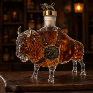 May include: A clear glass decanter shaped like a buffalo, filled with amber liquid. It features a brown leather-like harness with a metal plaque reading Buffalo Trace 250th Anniversary. A gold-toned stopper with a small buffalo figure sits on top.
