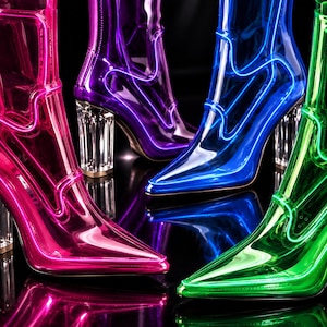 Op de afbeelding: Een collectie van vier laarzen met een puntige neus, gemaakt van doorschijnend, felgekleurd neonmateriaal in roze, paars, blauw en groen. Elke laars heeft een doorzichtige blokhak en opvallende biesdetails die de contouren van de schoen volgen.