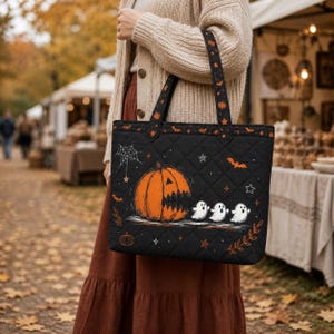 Könnte beinhalten: Eine schwarze, gesteppte Tragetasche mit einem großen orangefarbenen Kürbis, der drei kleine weiße Geister frisst. Die Tasche ist mit orangefarbenen und weißen Spinnennetzen, Fledermäusen, Sternen und Rankenmustern verziert und hat zwei passende Tragegriffe.