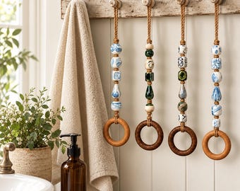 Ceramic Beaded Wooden Ring Towel Holder: Farmhouse Bathroom and Kitchen Decor