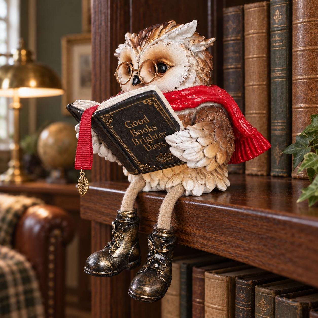Reading Owl Shelf Sitter Figurine, Book Lover Bookshelf Decor with Dangling Legs