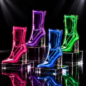 Könnte beinhalten: Vier Stiefeletten in leuchtendem Neon-Pink, Lila, Blau und Grün. Jeder Stiefel hat eine durchscheinende, glänzende Oberfläche mit passendem Neon-Paspeldesign, eine spitze Zehenpartie, einen Reißverschluss hinten und einen transparenten, zylindrischen Blockabsatz.