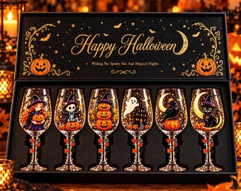 Copas de vino de Halloween, cristalería espeluznante de bruja, calabaza y fantasma, copas de vino para fiestas de Halloween, copa de vino gótica, regalo de Halloween para ella.