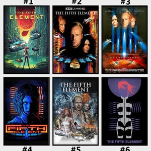 May include: A collection of six posters for the film The Fifth Element, featuring various artistic interpretations of the characters, flying vehicles, and futuristic cityscapes, all labelled with the movie title in bold, stylised typography.