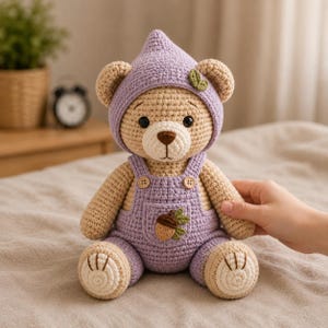 May include: A beige crocheted teddy bear wearing a lavender pointed hat with a small green leaf accent and matching lavender overalls. The overalls feature two small wooden buttons and a central pocket decorated with a crocheted acorn motif.