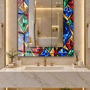 May include: A rectangular wall mirror featuring a decorative frame composed of multi-colored, faceted geometric shapes in shades of red, blue, green, and gold, creating a vibrant, jewel-toned mosaic effect surrounding the central reflective glass.