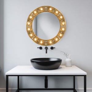 Art Deco Hollywood Vanity Round Mirror, Gold Glowing Light Effect, Glam Mid Century Wall Mirror, Elegant Hallway Decor, UV Glass Printing