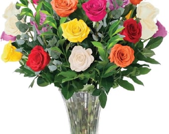 Ramo de 24 rosas frescas de granja surtidas / Flores de colores variados para celebraciones