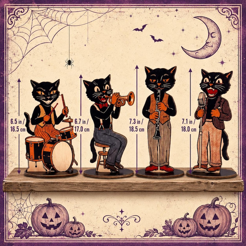 May include: Four black cat figures dressed in vintage clothing playing musical instruments. The drummer is 16.5 cm tall, the trumpet player is 17.0 cm, the clarinetist is 18.5 cm, and the singer is 18.0 cm tall, all on round bases.