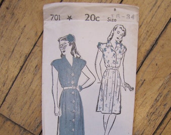 1940's Convertible Collar Dress New York Pattern, 1940's, Factory Folded, Belted Dress, New York Pattern, Dress, Breast Pocket , Sewing, #6