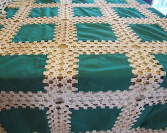 1940's Crocheted Lace and Emerald Green Patch Coverlet/Bedspread, Rare, Crochet, Hand Crocheted, Bedspread, Throw, Coverlet, 40's, 1930's