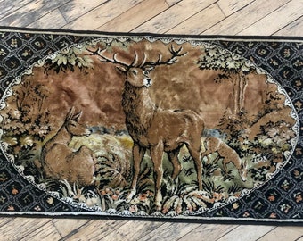 1920's Antique Buck Doe and Fawn Scenic Velvet Tapestry, Deer, Buck, Doe, Fawn, Tapestry, Velvet, Velveteen, Cotton, Eclectic Decor, Mancave