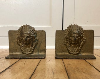 1930's American Indian Cast Iron Bookend, Indian, American Indian, Native American, Bookends, Small Bookends, Brass Toned, Cast Iron, 30's