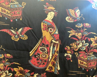 1990's Richloom Platinum Collection Floral Geisha Cotton Fabric Piece, Almost 4 Yards, Cotton, Decorator Weight, Geisha, Asian, Black, 90's