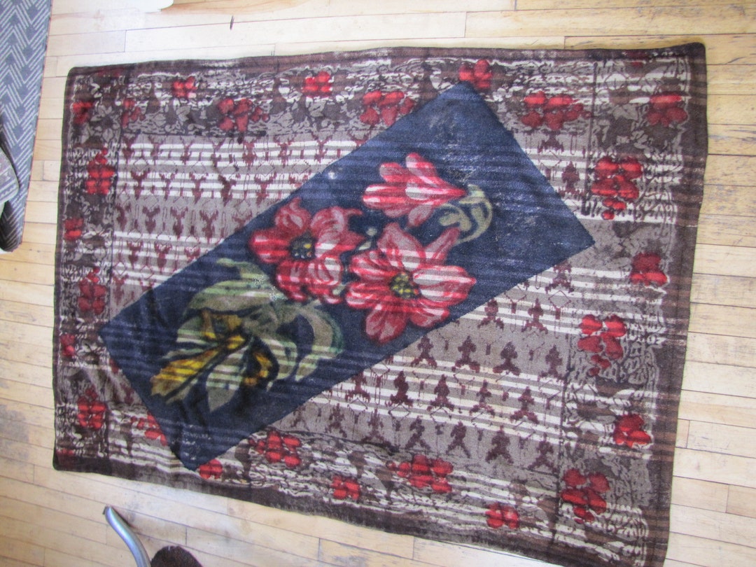 Rare Antique Victorian Era Horsehair Lily Floral Carriage Blanket