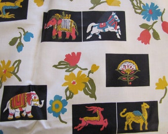 1950's MCM  Asian Animal and Floral Print Fabric Piece, 2 Plus Yards, Cotton, Asian, Elephant, Horse, Tiger, Dress Fabric, MCM, Floral