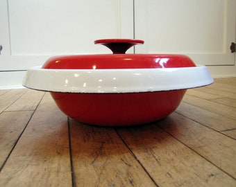 1970's Japanese Housemates Red and White Enamelware Flying Saucer Shaped Lidded  Dutch Oven, Enamelware, Red, Japan, Pot, Pan, Heavy Bottom