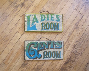 1970's Wooden Painted Restroom Signs, Restroom Signs, Ladies Room, Men's Room, Wood, Hanging, Typography, MCM, Font, Blue, Green, Painted