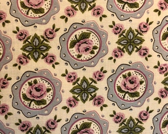 1950's Purple and Green Rose Cotton Fabric Piece, 1 Plus Yard, 50's, Quilter Weight, Cotton, Purple, Green, Rose, Floral, Flower, 1950's