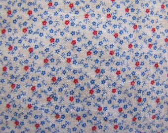 1970's Blue Calico Fabric, Blue, Floral Fabric, Calico, Cotton, Flower, Floral, White, Red, 1970's,Quilters Weight,