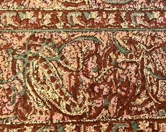 Vintage 1970's Batik Style Paisley Brown Cotton Fabric Piece, 2 Plus Yards, Brown, Pink, Green, Paisley, Cotton, Batik, Ethnic, 1970's, 70's