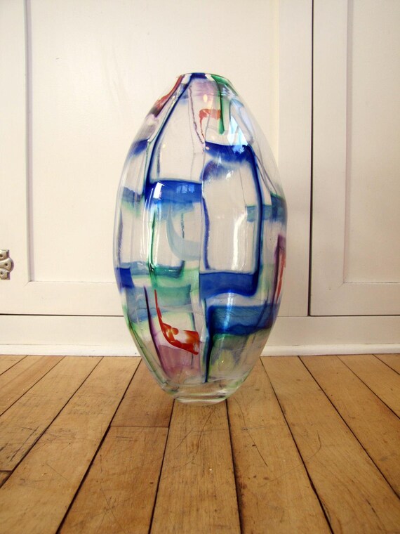 Vintage Signed Modern Art Glass Large Layered Glass Vase Vase Art Glass Hand Blown Signed Large Clear Layered Minimalist Space Age