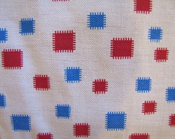 1950's MCM Geometric Square Cotton Fabric Piece, 1 1/2 Plus Yards, 50's, Cotton, Geometric, Red, White, Blue, Modern, Decorator Weight