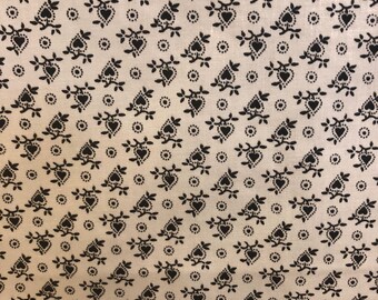 1950's White and Black Calico Heart Printed Fabric, 1 Plus Yard, Cotton, Off-White, Black, Floral, Calico, Ditsy, Heart, Print, Folk, 50's