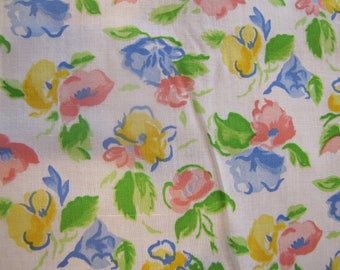 1970's Cheery Floral Fabric, Floral Fabric, Cotton Blend, Flower, Floral, Vintage, Blue, Coral, Yellow, Green, White, Quilter Weight