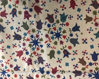 1960's Tulip and Geometric Folk Print Fabric Piece, 3 Plus Yards, Cotton, Quilter Weight, Ecru, Red, Blue, Floral, Tulip, Folk, Geometric