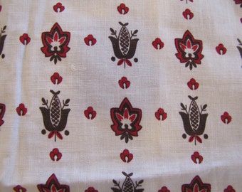 1960's Tulip Folk Fabric, Tulip, Folk, Cotton, Brown, Red, Ecru, Beige, Scandinavian, Large piece, Quilter Weight, Quilt, 1960's, 1970's